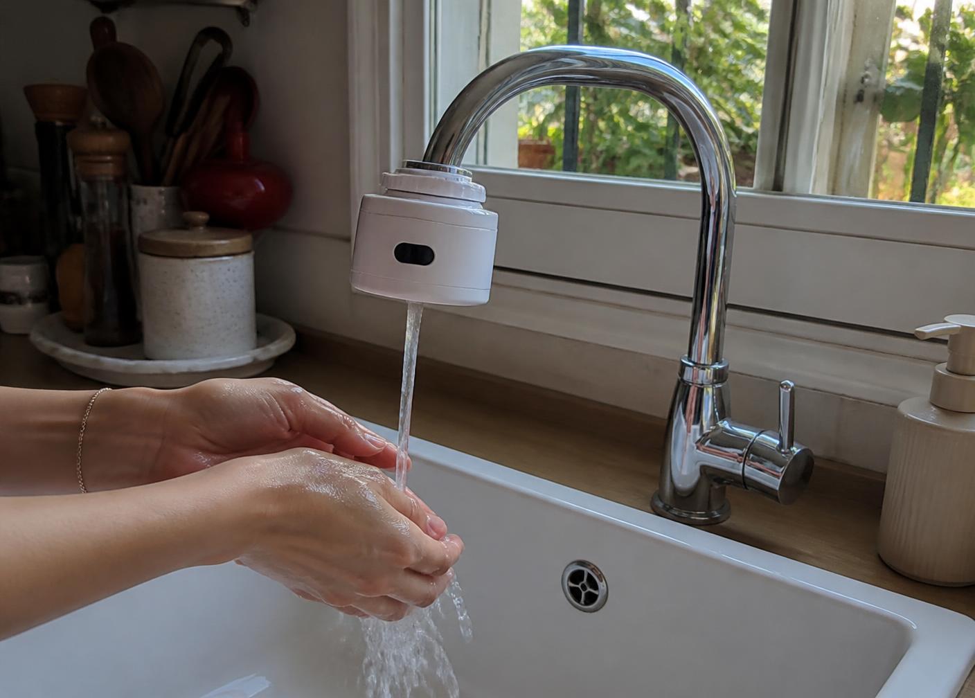 iWater Deluxe installé sur le robinet de ma cuisine, l'eau coule au passage des mains