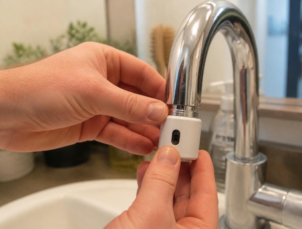Vissage du boîtier iWater Deluxe sur le robinet de la salle de bain