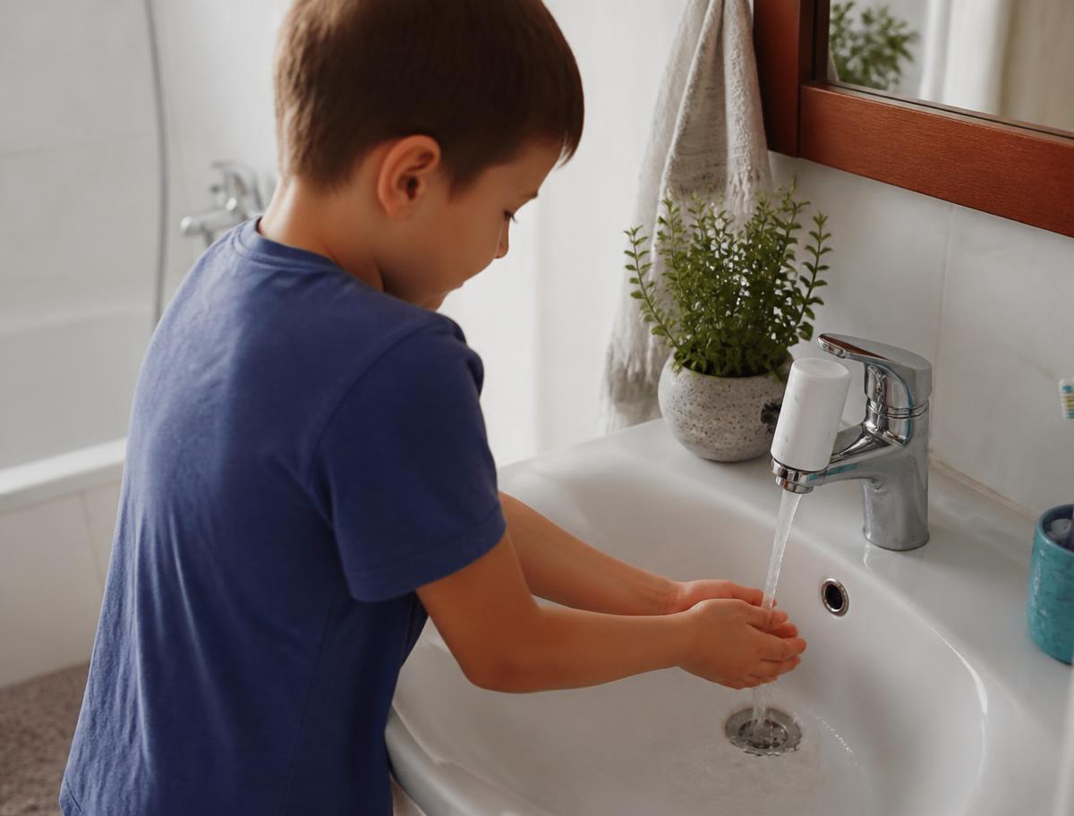 Mon fils se lave les mains, l'eau ne coule qu'au moment où il en a besoin